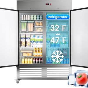 Commercial Refrigerator 54" W 2 Door Stainless Steel Reach-in Solid Door Upright Fridge Fan Cooling 49 Cu.ft Refrigerators 32-47°F for Restaurant, Bar, Shop