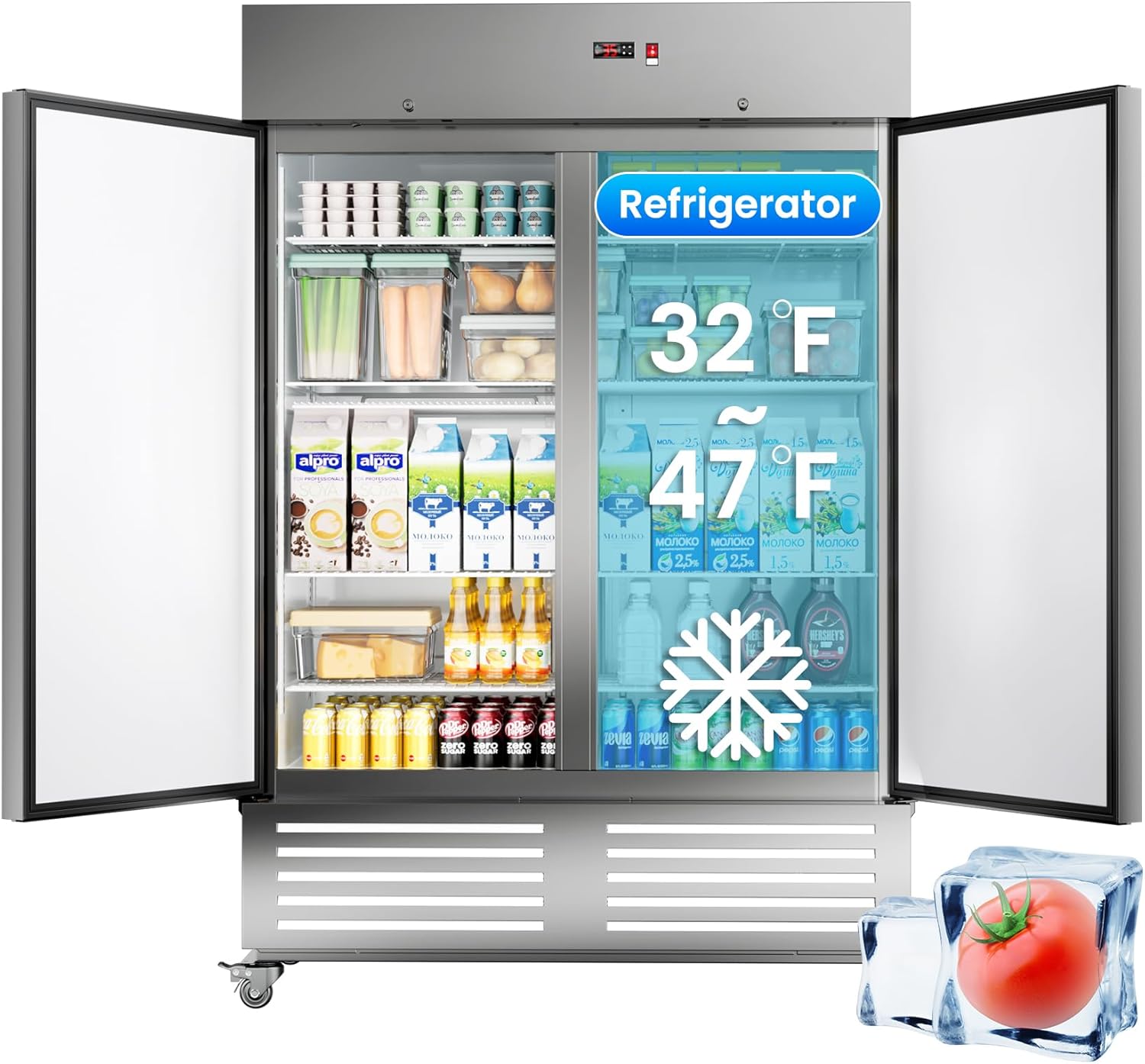 Commercial Refrigerator 54" W 2 Door Stainless Steel Reach-in Solid Door Upright Fridge Fan Cooling 49 Cu.ft Refrigerators 32-47°F for Restaurant, Bar, Shop